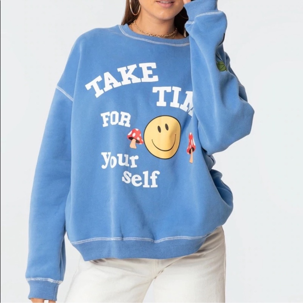 Edikted Take Time for Yourself Blue Graphic Smiley Crewneck Sweatshirt Medium